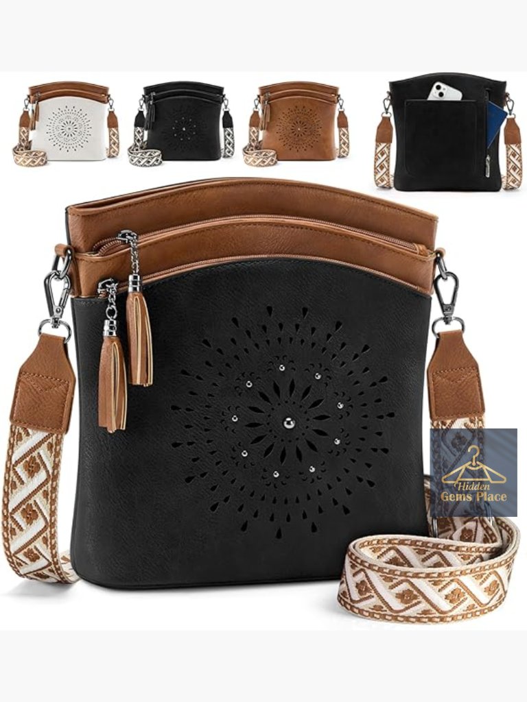 Medium Faux Leather Crossbody Bag With 7 Pockets, Adjustable Strap, Fits Tablet